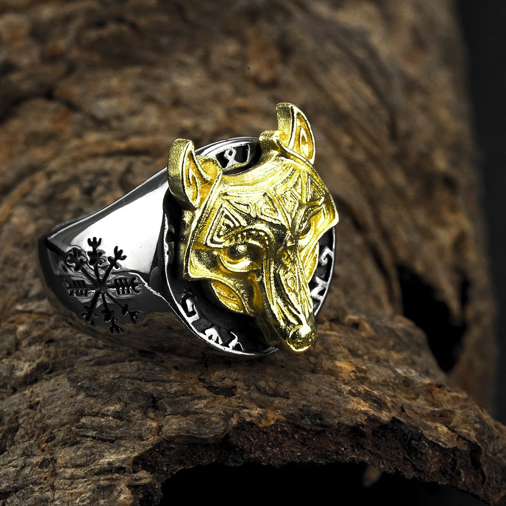 European And American Jewelry Wholesale Men's Titanium Steel Ring Retro Wolf Head Viking Rune Compass Ring Rust Free