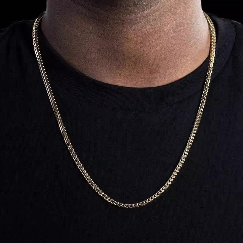Planderful Jewelry Stainless Steel Mens Necklace 3mm Front Back Grind Hip Hop 18K Gold Plated