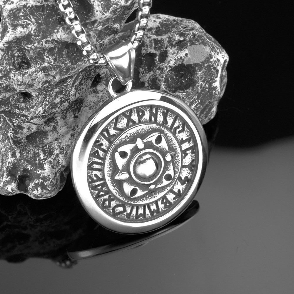 Planderful Viking Rune Pendant Necklace For Men Stainless Steel Black Polished Retro Shield Design Norse Legacy