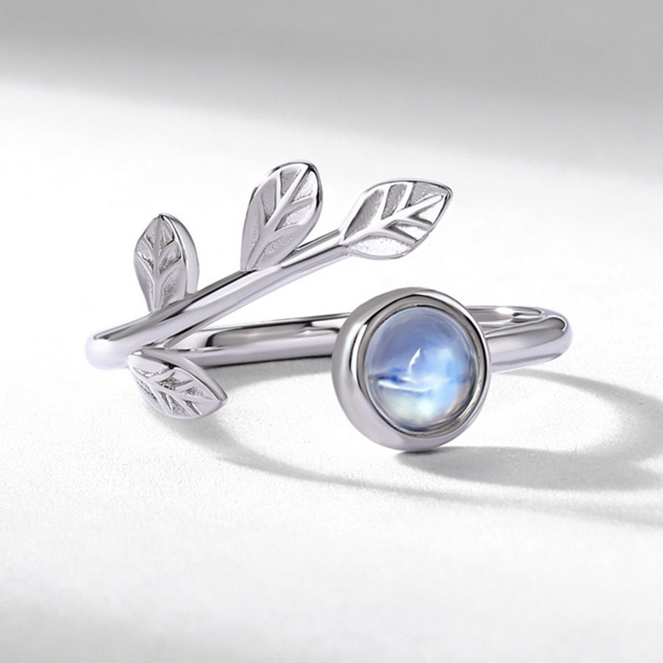Planderful Everyday Genie – Cross-border New Fashion Simple Star Leaf Ring Light Luxury S925 Sterling Silver Inlaid Colorful Blue Moonlight Ring