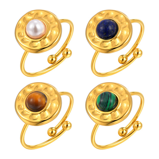Titanium Steel – Stainless Steel Round Natural Stone Open Ring Gold