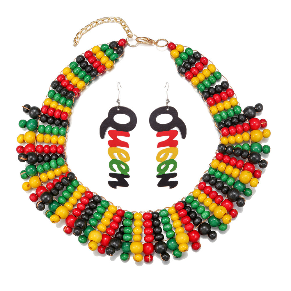 Handcrafted Multi-layer Wooden Bead Necklace with African-inspired Woven Design