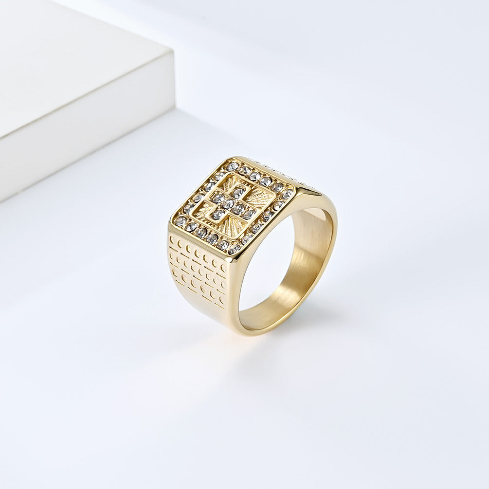 Planderful Hip Hop Mens Cross Ring Titanium Steel Plated 18K Gold Zircon Premium Light Luxury Jewelry
