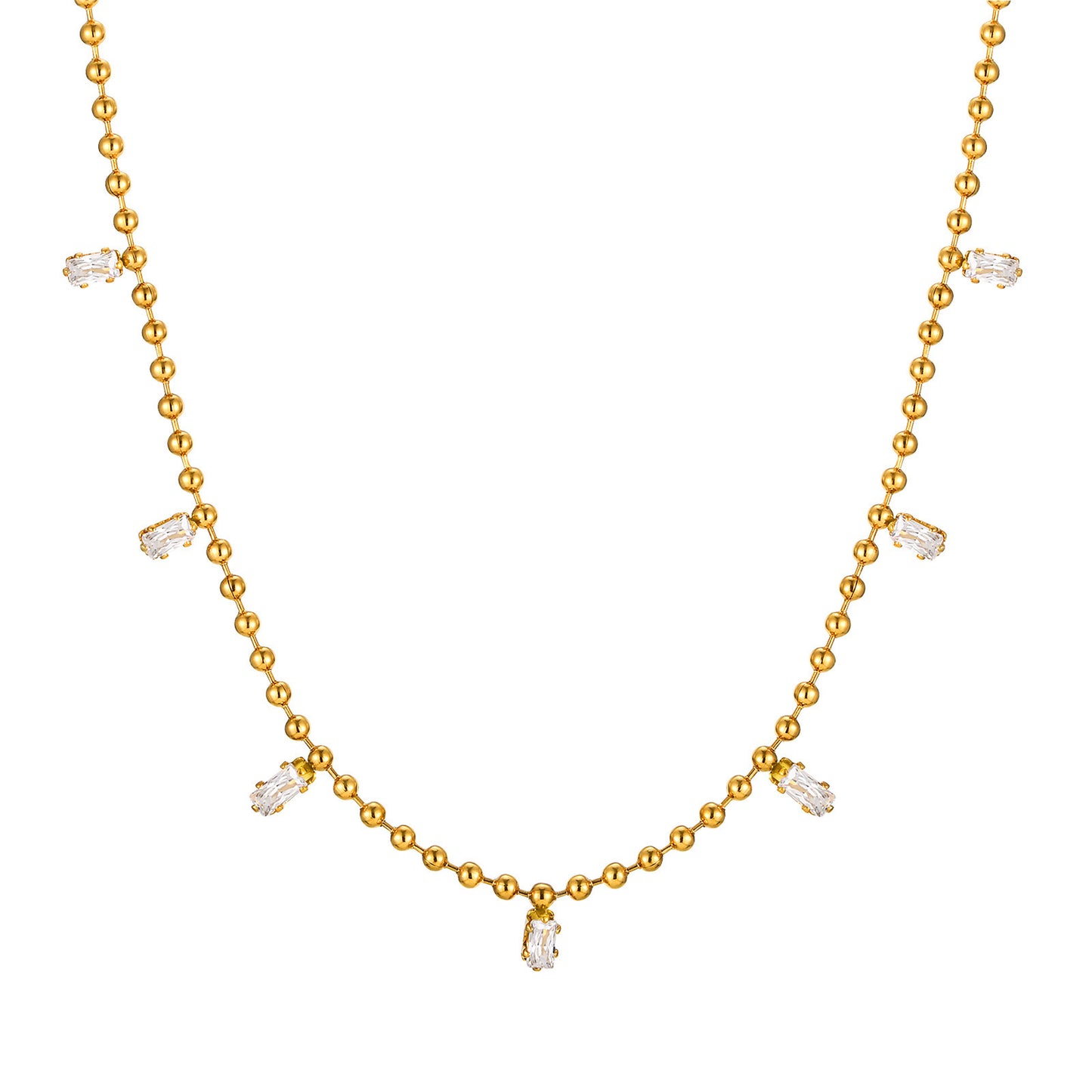 Stainless Steel Bead Chain White Square Zircon Gold Necklace Female