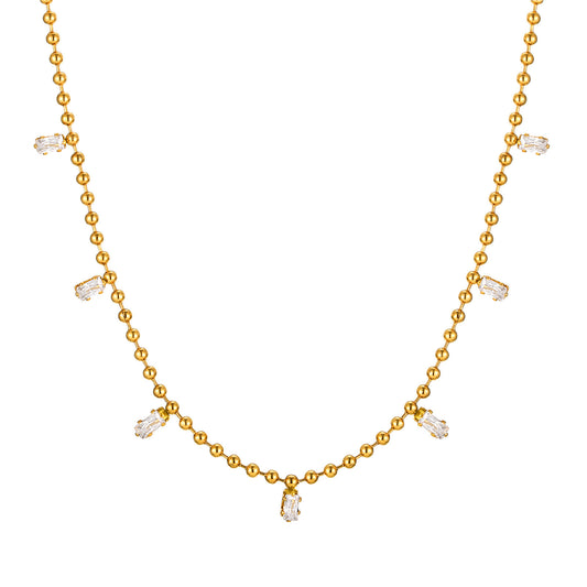 Stainless Steel Bead Chain White Square Zircon Gold Necklace Female