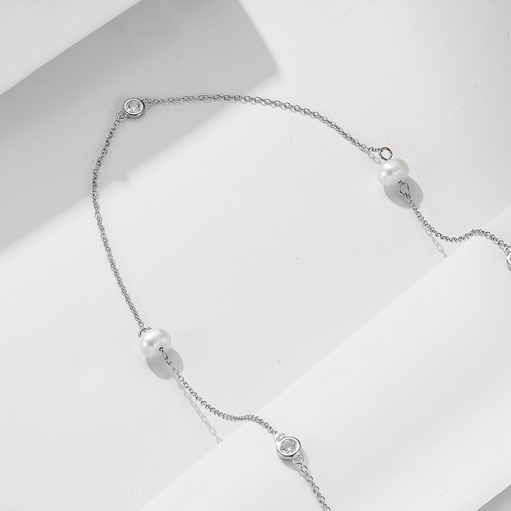 Sterling Silver Natural Freshwater Pearl Necklace Zircon