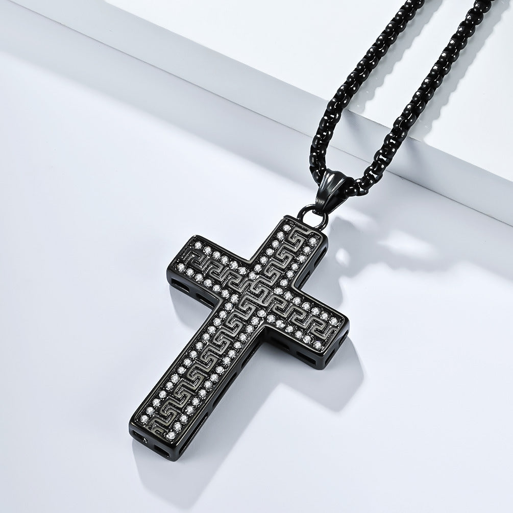 Planderful Cross Necklace For Men With Full Zircon European American Great Wall Pattern Hip Hop Pendant