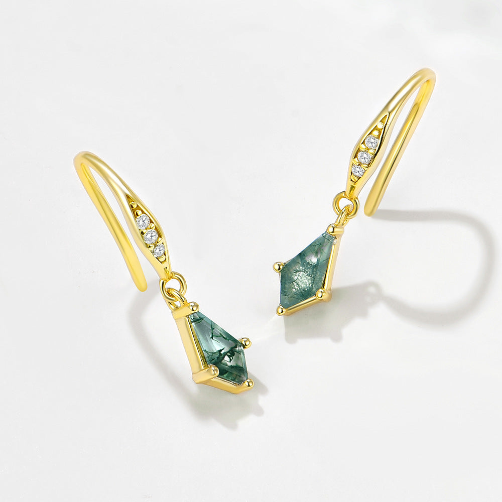 S925 Sterling Silver Natural Aquatic Agate Earrings Geometric Rhombus Natural Stone Earrings Jewelry