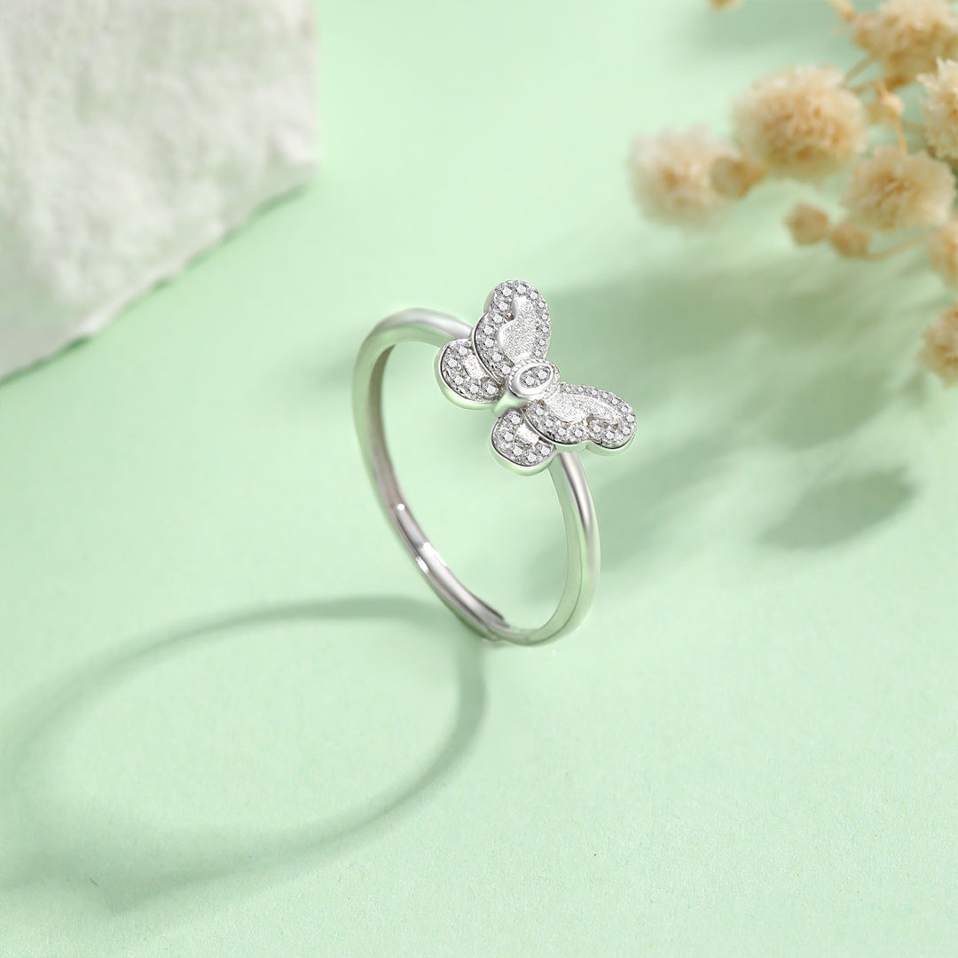 Planderful S925 Sterling Silver Brushed Butterfly Ring For Women Elegant Forest Style Adjustable Size