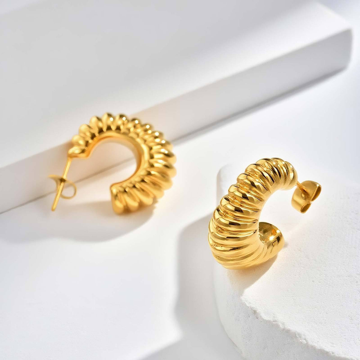 Ribbed Croissant Hoop Earrings — Gold Pair