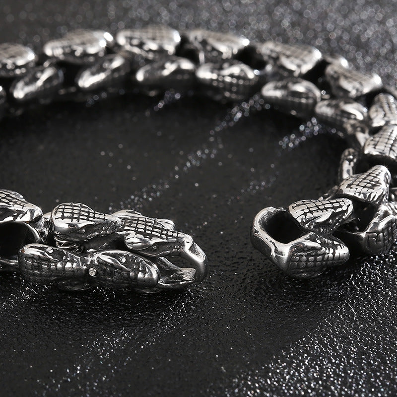 Animal Punk Style – Old Titanium Steel Men's Layered Snakehead Bracelet