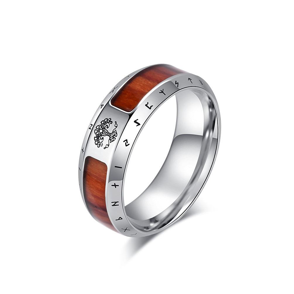 Steel Ring – Vintage Nordic Viking World Tree Men's Ring With Wood Grain Texture And Bold Design