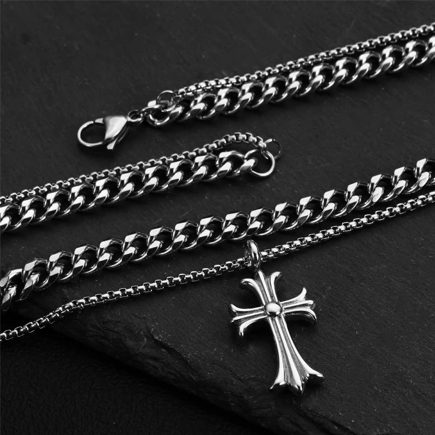Planderful Jewelry Double Layer Cuban Necklace in Titanium Steel with Zircon Cross Pendant