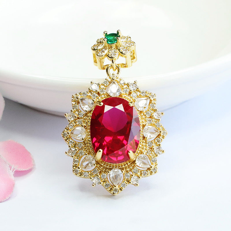 Lab-Grown Ruby Faceted Flower Pendant — No Chain