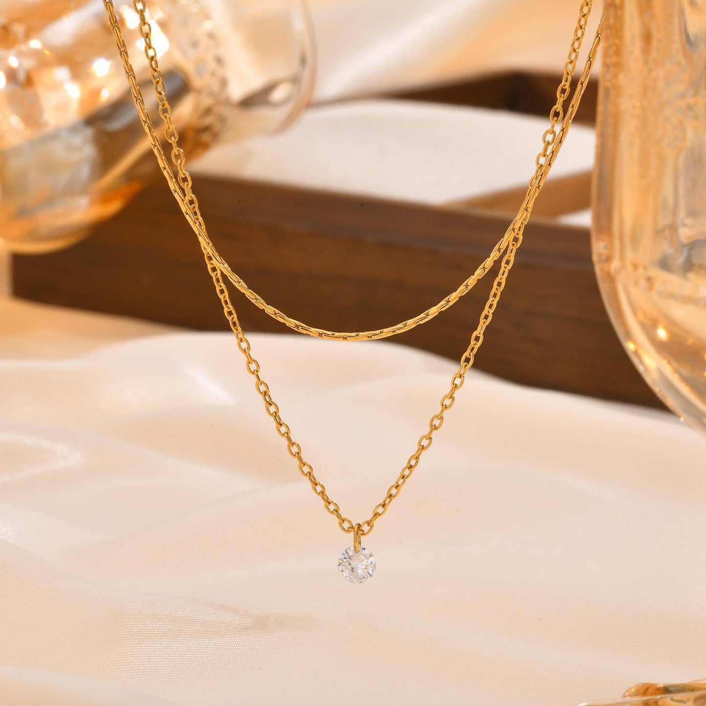 Stainless Steel Double Chain White Zircon Gold Necklace Female