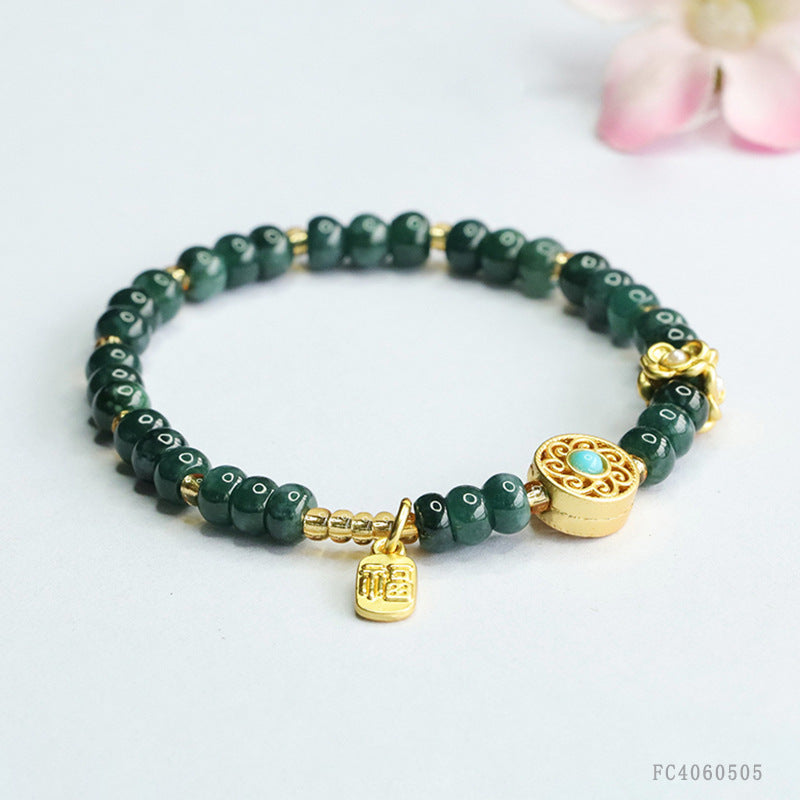 Blue Water Jadeite Abacus Bead & Fu Plaque Beaded Bracelet