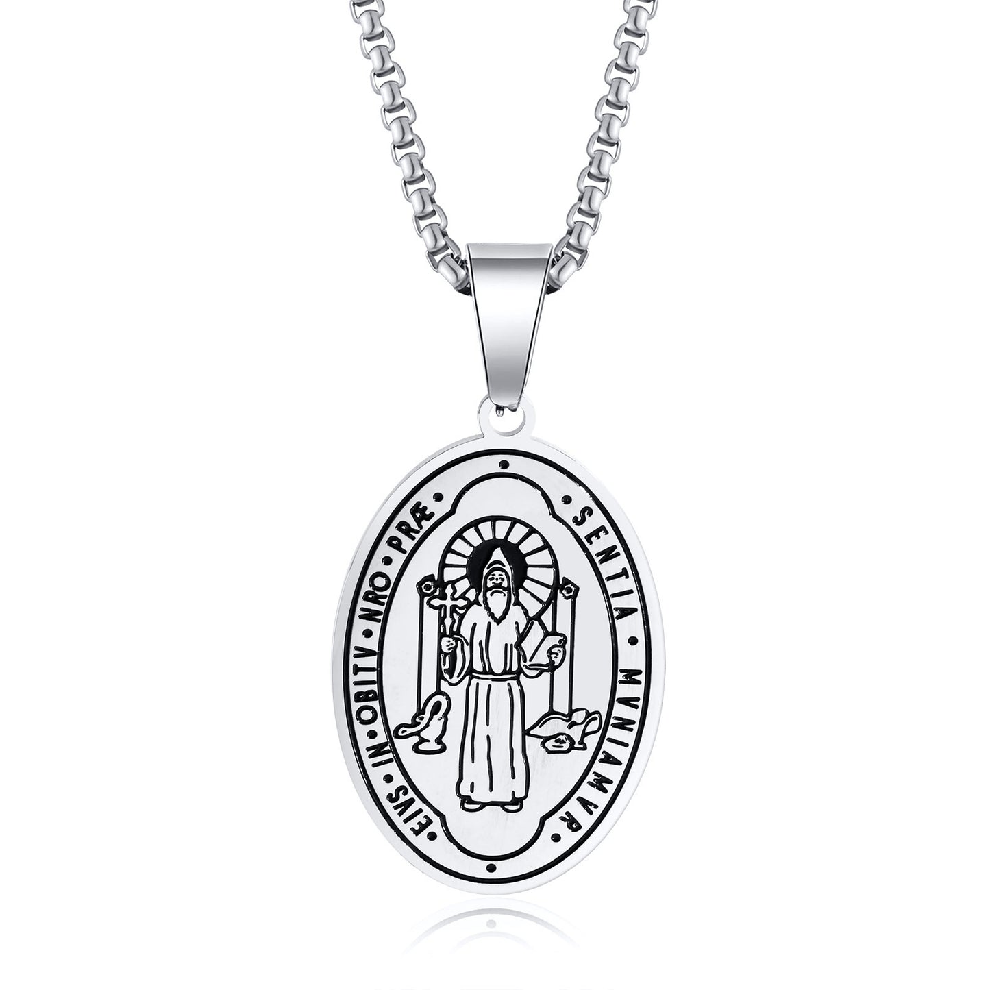European And American Jewelry Wholesale Necklace Stainless Steel Double-Sided St Benedict Oval Pendant For Men
