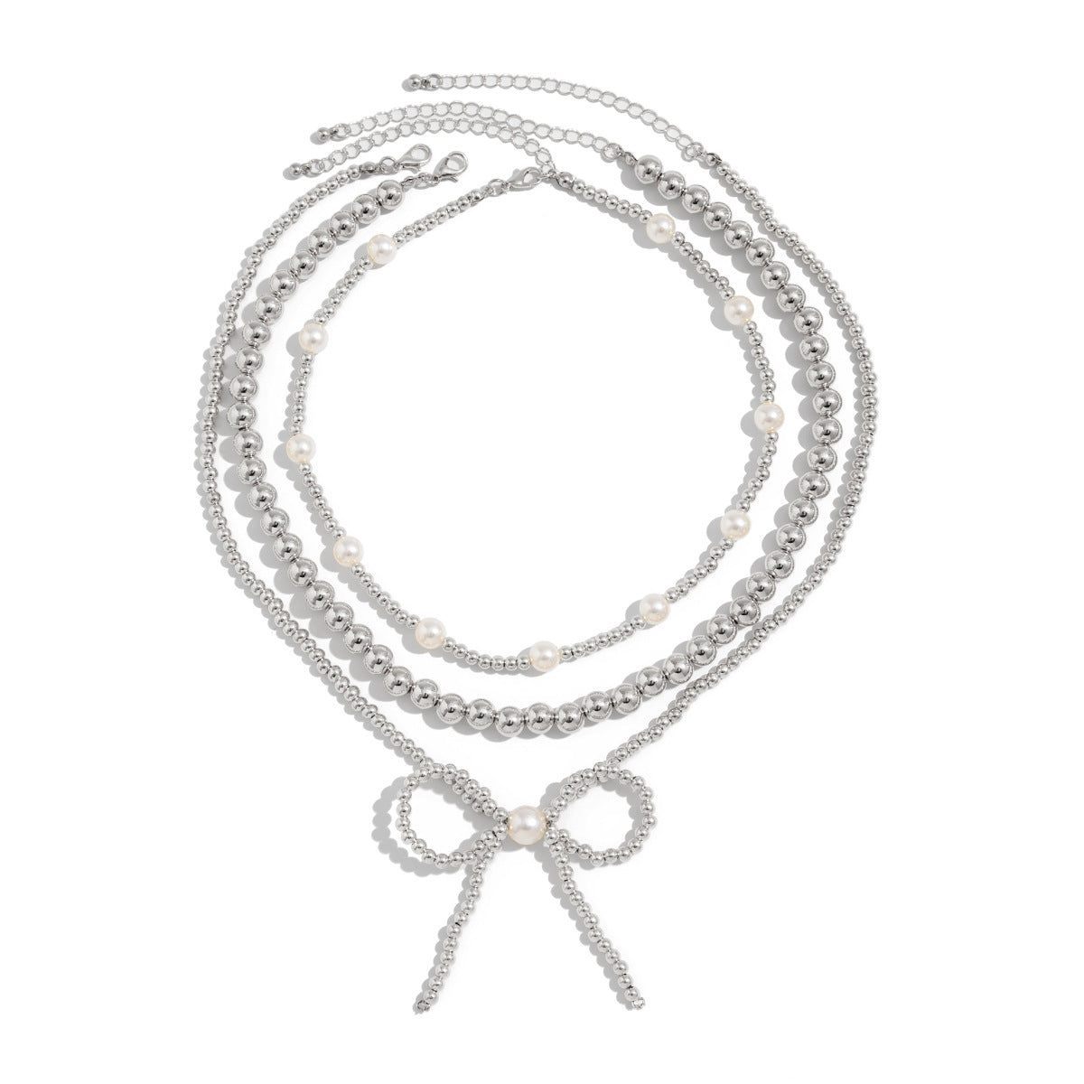 European and American fashion cross-border ins stacking imitation pearl necklace women, French temperament multi-layer bow beaded necklace decoration