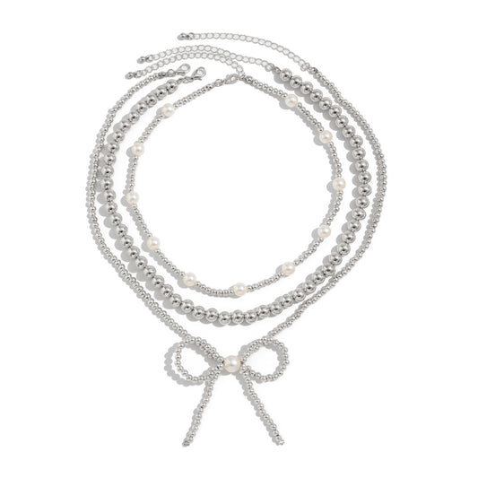 European and American fashion cross-border ins stacking imitation pearl necklace women, French temperament multi-layer bow beaded necklace decoration