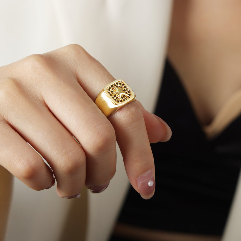 European Luxe Copper Square Zircon Star Open Ring - Women's Light Luxury Jewelry