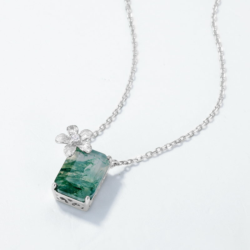 S925 Sterling Silver Moss Agate Flower Necklace