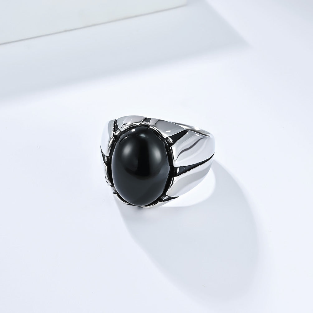 Planderful Everyday Genie Men's Tiger's Eye Stainless Steel Ring Oval Egg Shaped Black Gemstone For Men