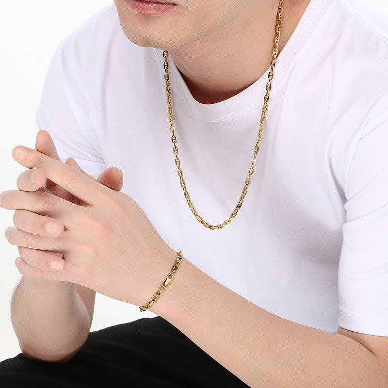 Glossy Titanium Steel Necklace and Bracelet Set for Men