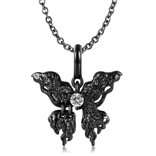 Black Melted Butterfly Pendant Zircon Silver Necklace