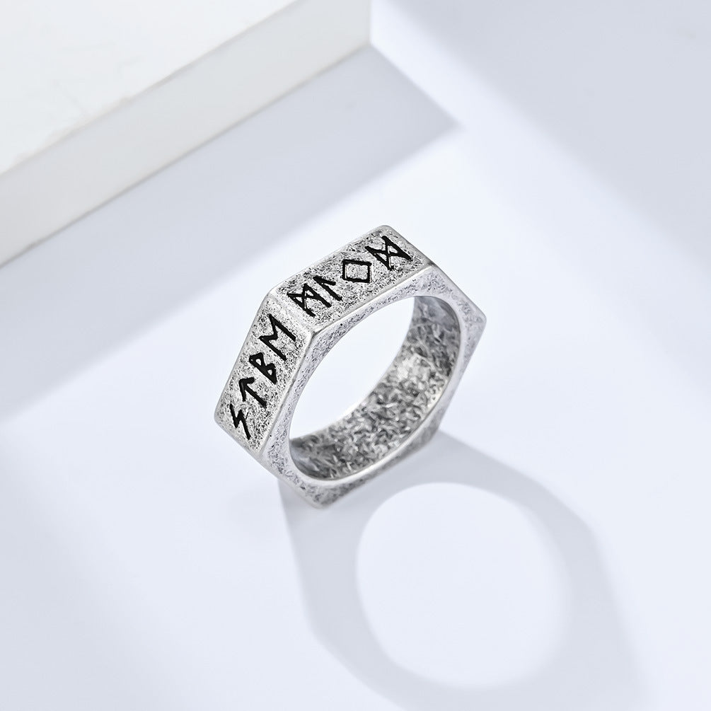 Planderful Everyday Genie Stainless Steel Ring With Hexagonal Niche And Pirate Viking Text For Hipster Vibe