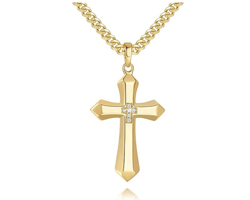 Trend jewelry European and American zircon cross necklace titanium steel men's hip-hop personality stainless steel pendant