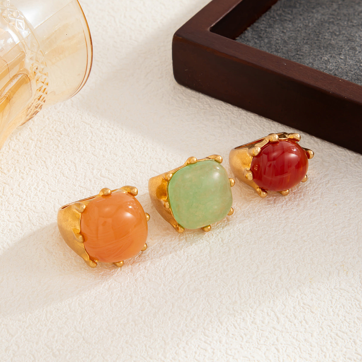 Planderful Vienna Verve Retro Square Smudged Stone Ring Set For Modern Fashion Lovers Bold Statement Jewelry