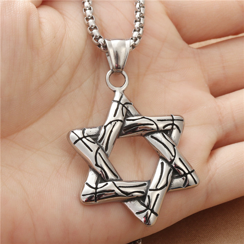 Titanium Steel Hexagram Pendant Necklace for Men, Retro Punk Style Hollow Star Design