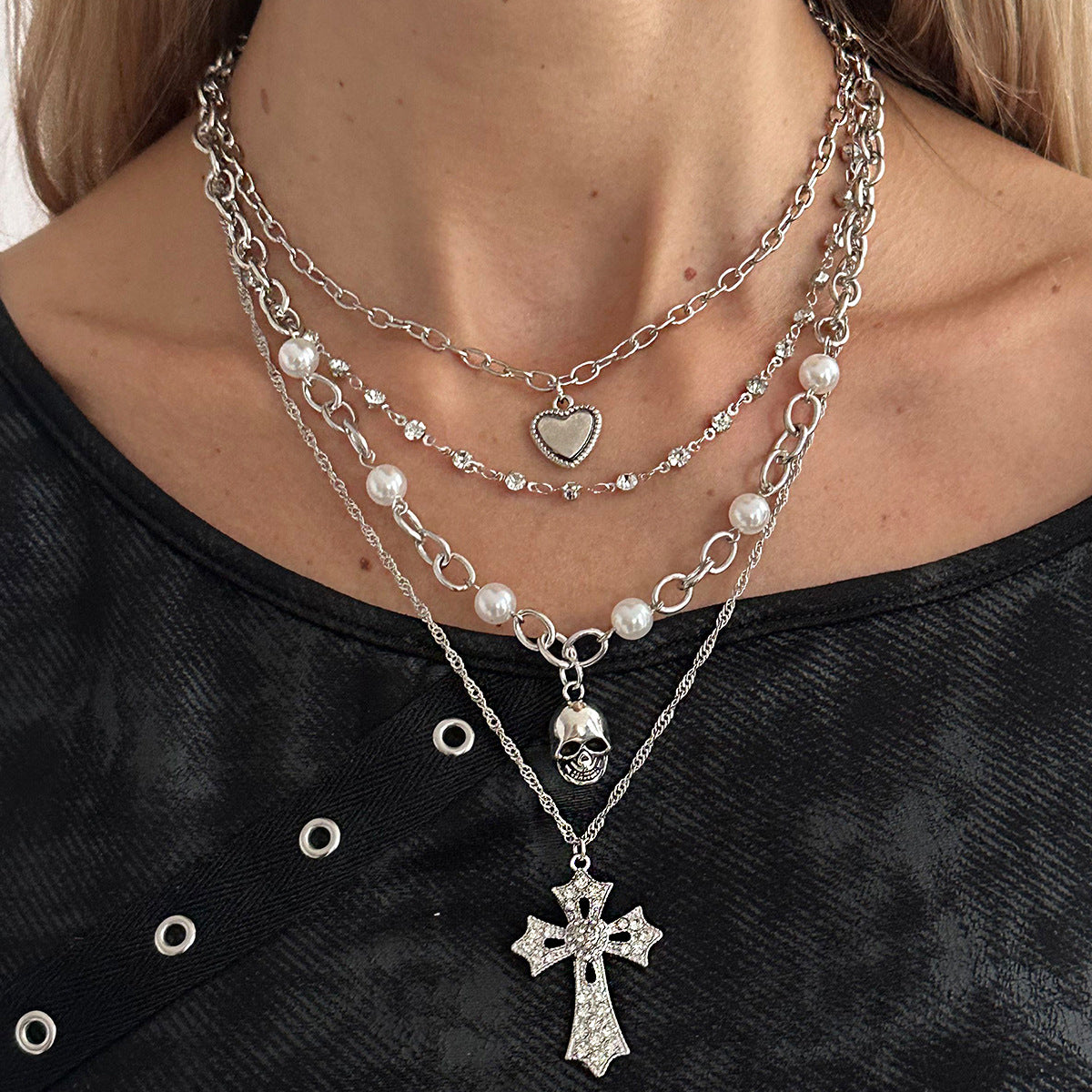 Crystal-Style Cross & Pearl Layered Necklace