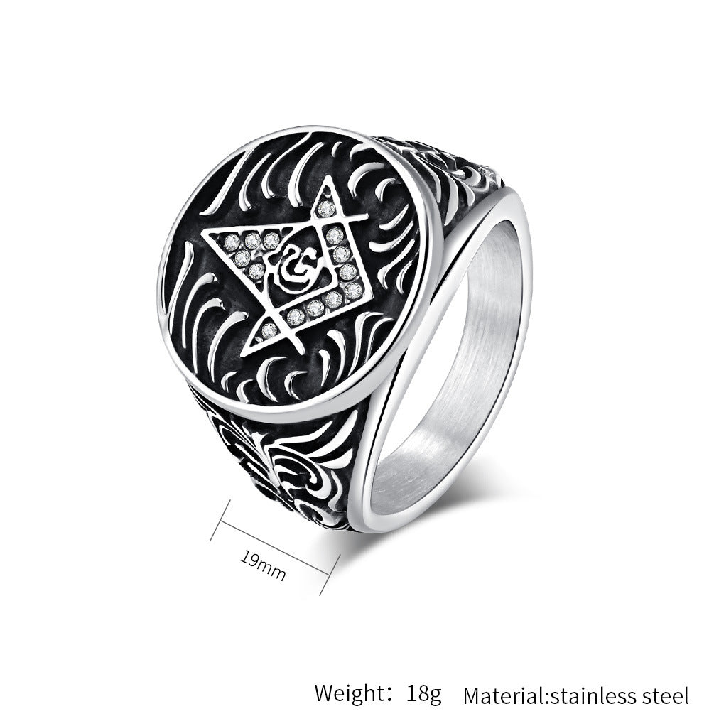 Planderful Masonic Zircon Titanium Steel Ring For Men Retro Fraternity Hand Jewelry Domineering Style