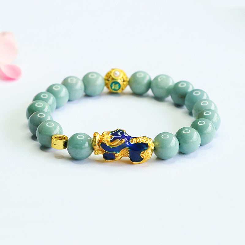 Blue Water Jadeite Pixiu 9 mm Beaded Bracelet