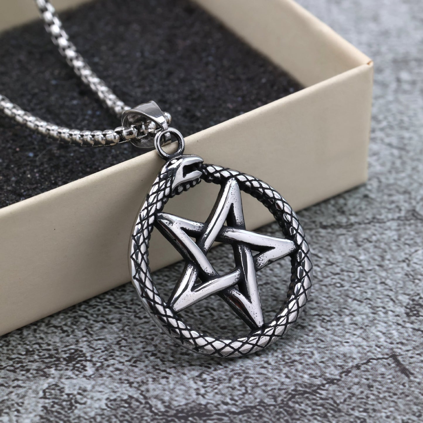 Planderful Stainless Steel Mens Pendant Retro European American Snake Pentagram Statement Necklace For Men