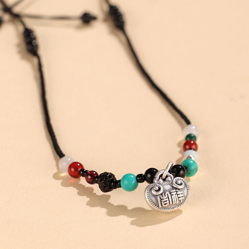 999 Silver Agate Ruyi Lock Braided Necklace