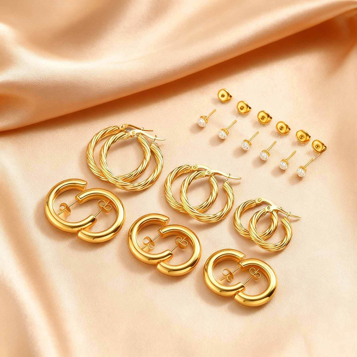 Gold-Tone Earring Set — Crystal Studs or Hoops