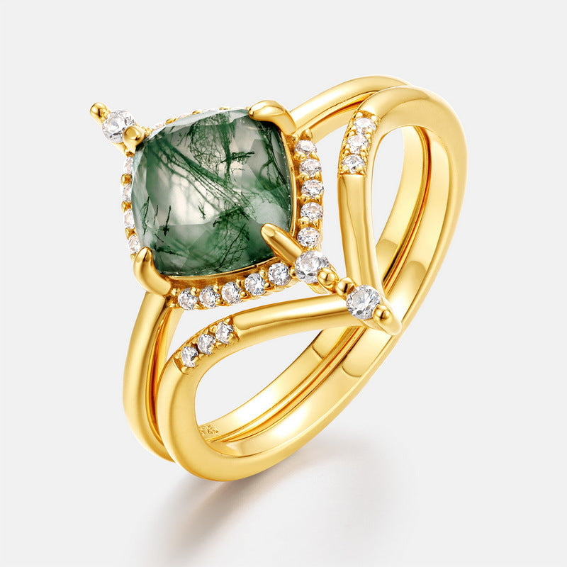 Planderful Jewelry Geometric Aquatic Agate Ring in S925 Silver Gold Plated V Shape