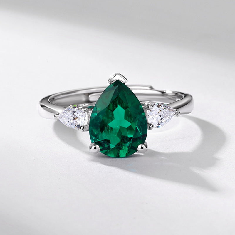 Planderful Jewelry Lab Grown Emerald Ring In S925 Sterling Silver Pear Shape Water Drop Design