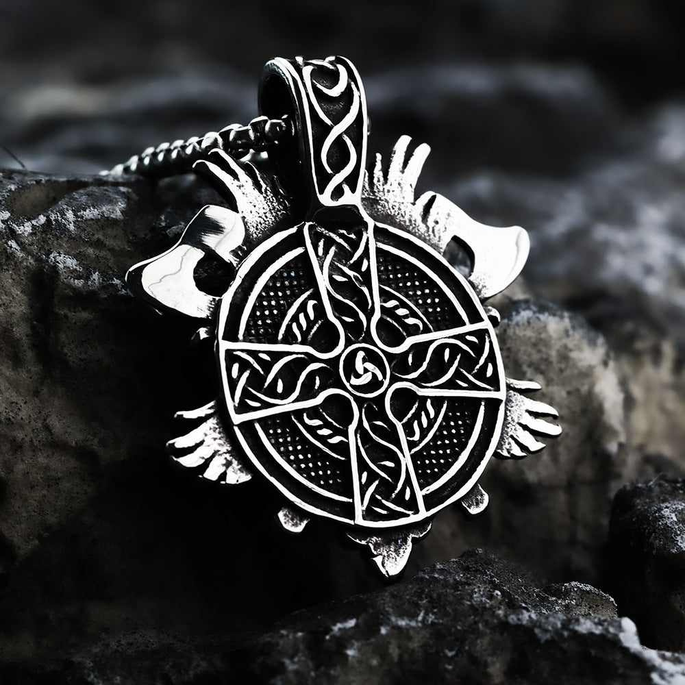 European and American Retro Men's Pendant Stainless Steel Viking Odin Double Axe Necklace
