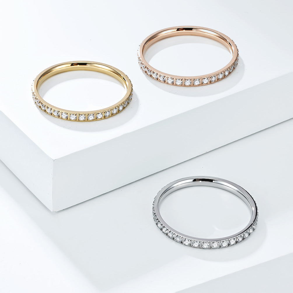 Planderful Zircon Ring Inlaid 2mm Stainless Steel For Women Index Finger Fashion Jewelry
