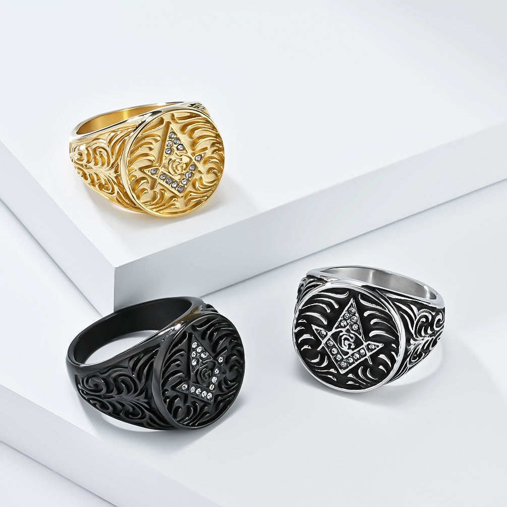 Planderful Masonic Zircon Titanium Steel Ring For Men Retro Fraternity Hand Jewelry Domineering Style