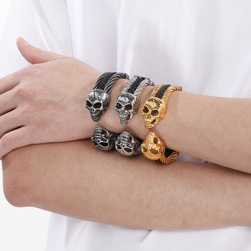 Planderful Mens Skull Wolf Head Steel Leather Bracelet