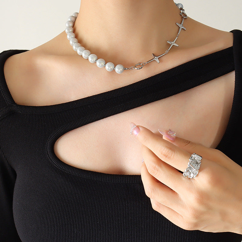 Neutral Style Reflective Cat Eye Beads Cross Necklace with Zircon Inlays