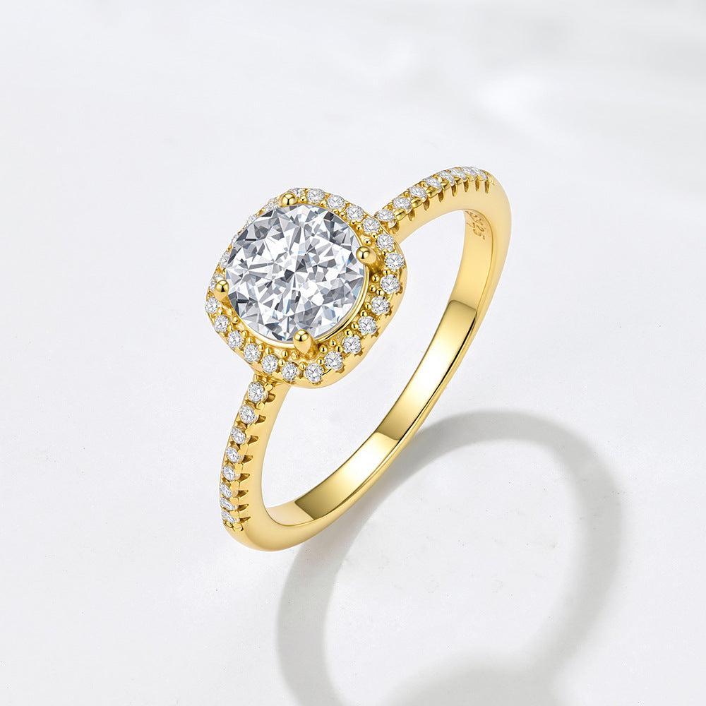 925 Sterling Silver Small Sugar Cube One Carat Simulation Diamond Zircon Ring European,