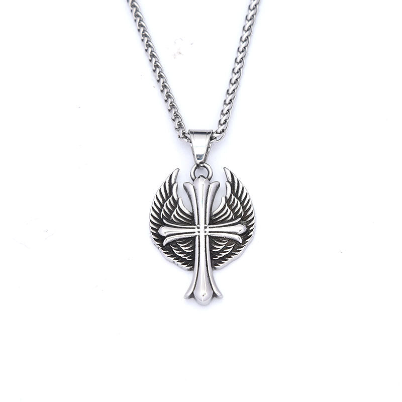 European and American Titanium Steel Necklace Retro Wing Cross Pendant for Men