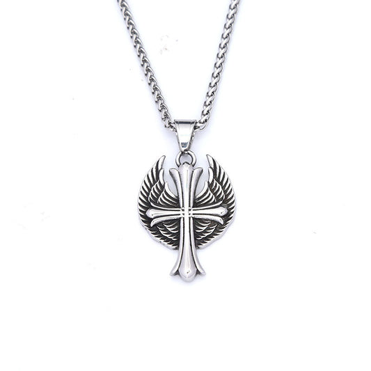 European and American Titanium Steel Necklace Retro Wing Cross Pendant for Men