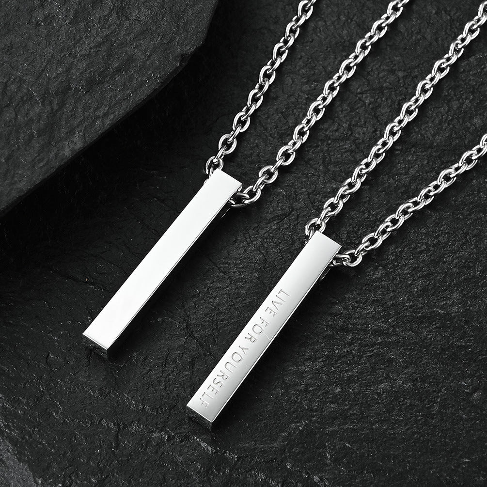 Ins Simple Long Column Smooth Titanium Steel Pendant Live For Yourself Self-Motivation Inspirational Necklace For Men