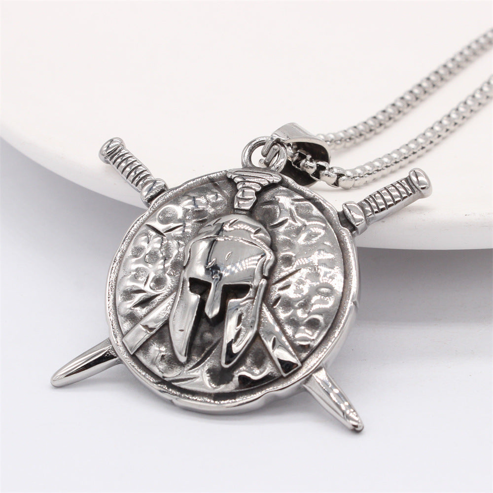 Spartan Helmet Pendant Double Sword Titanium Steel Unisex Jewelry By Planderful For Men And Women